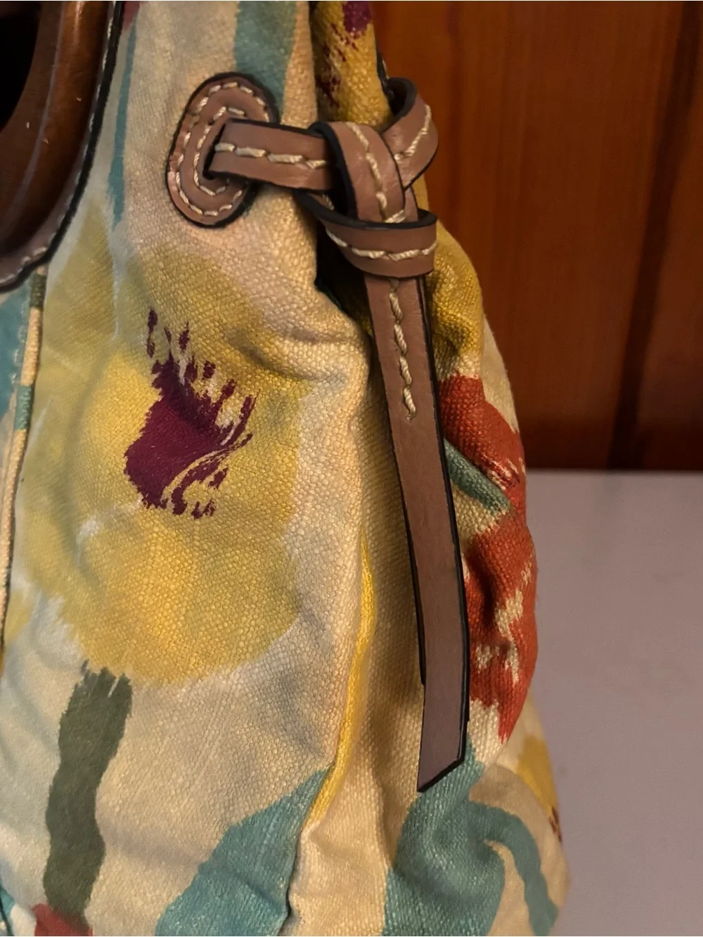 Vintage Fossil Floral Canvas Tote in Orange, Yellow & Teal with Wood Handle